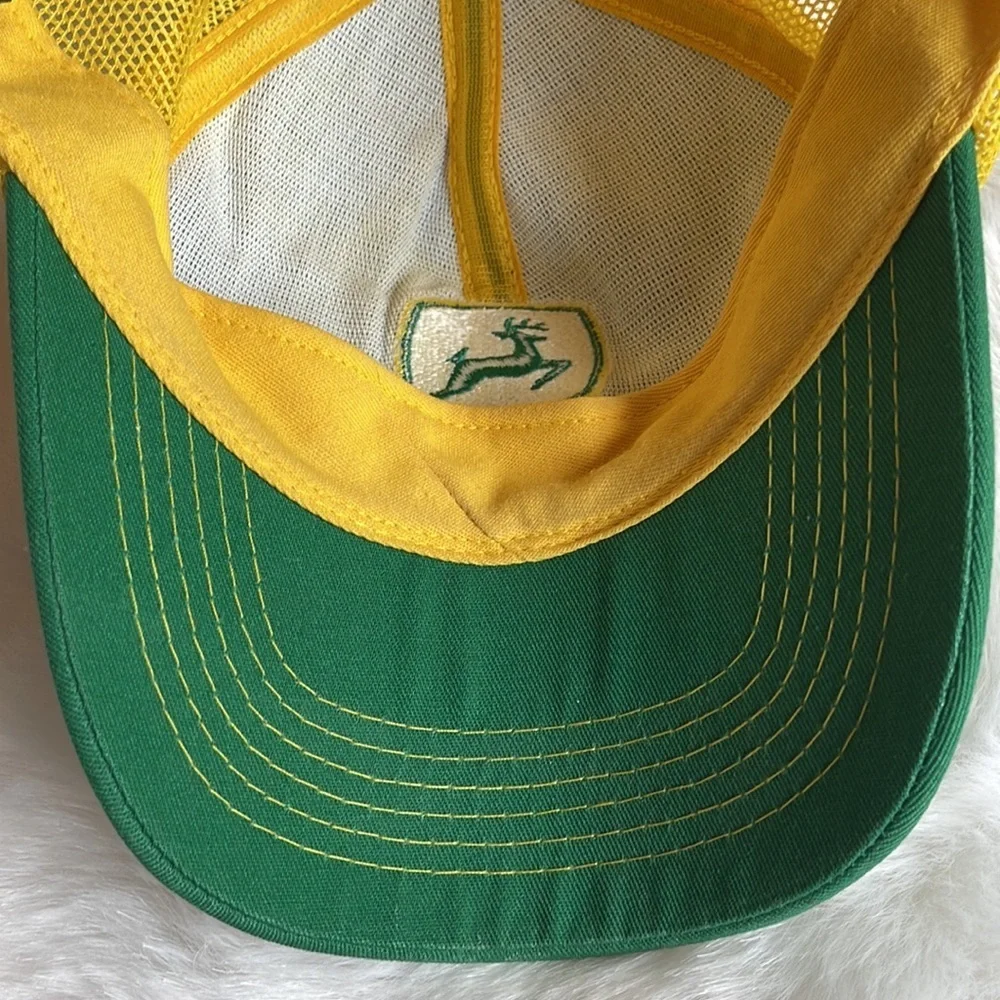 John Deere Vintage Square Patch Mesh Snapback Trucker Hat Retro Green Yellow